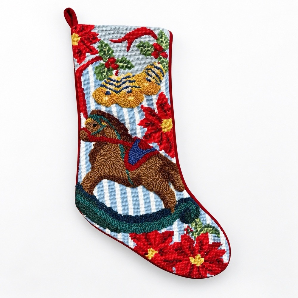 Christmas Stocking 17" Needlepoint Hooked Rocking Horse Poinsettia Red Velvet